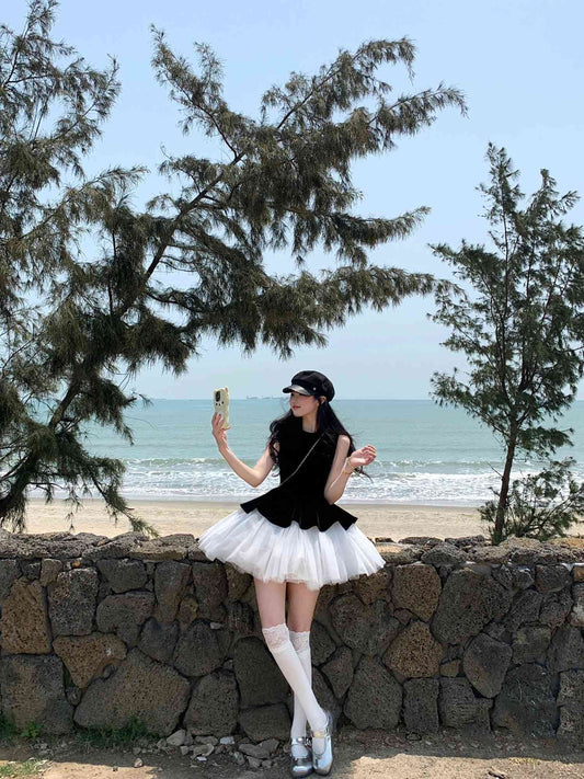 Black sleeveless vest dress temperament waist puffy short skirt R0545