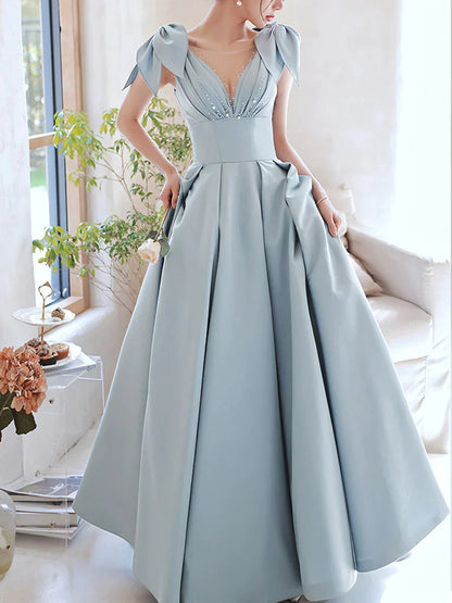 Blue V Neck Satin Beads Long Prom Dress Bow on Shoulder