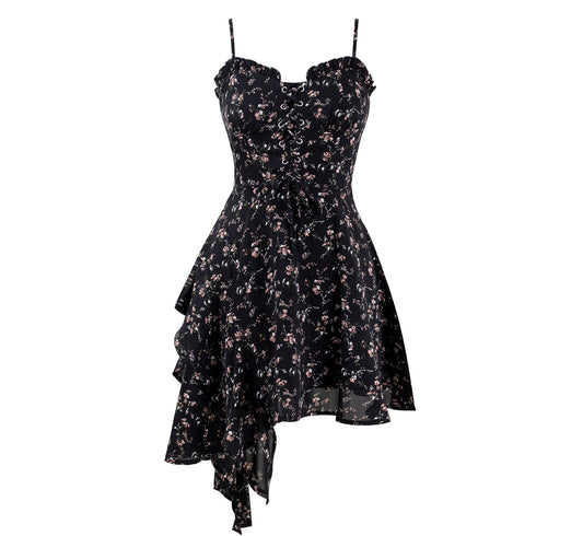 Dark pure desire niche irregular floral suspender skirt dress R0002