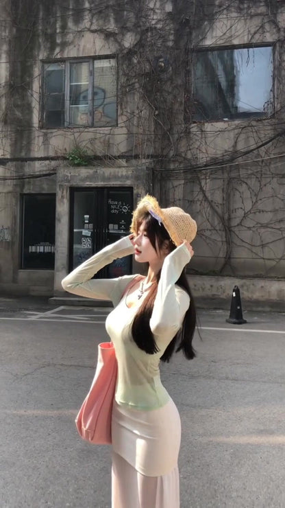 2025 Cool and Relaxed Wear Set Green Long-sleeved T-shirt Vest Skirt Three-piece Set R0497