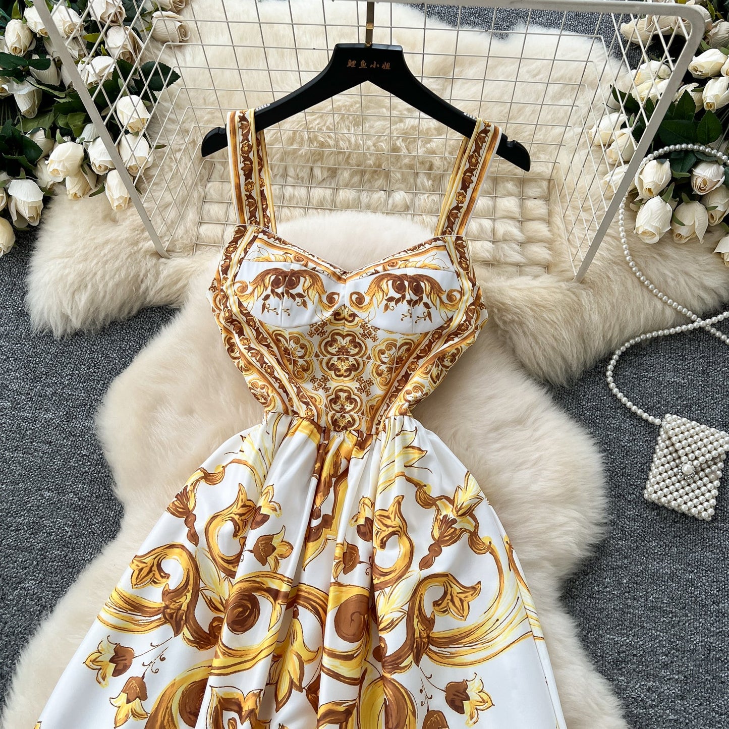 Ethnic style slim waist suspender dress with beautiful print A-line long skirt R2223