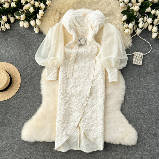 Banquet dress niche lantern sleeves sexy off-shoulder tube top slim fit long dress R2203