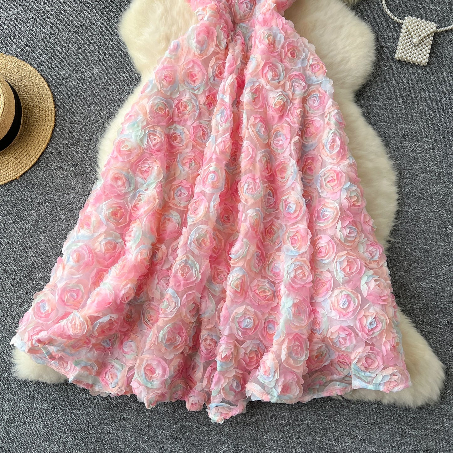 High-end dinner party dress heavy three-dimensional rose flower waist suspender dress R2221