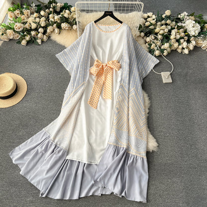 European and American style two-piece dress with printed shawl coat, sleeveless vest dress R2232