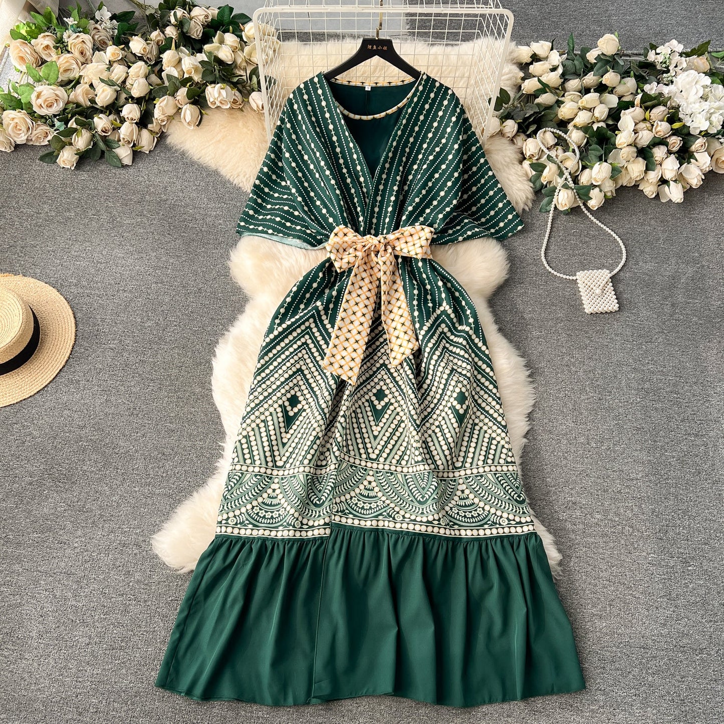 European and American style two-piece dress with printed shawl coat, sleeveless vest dress R2232