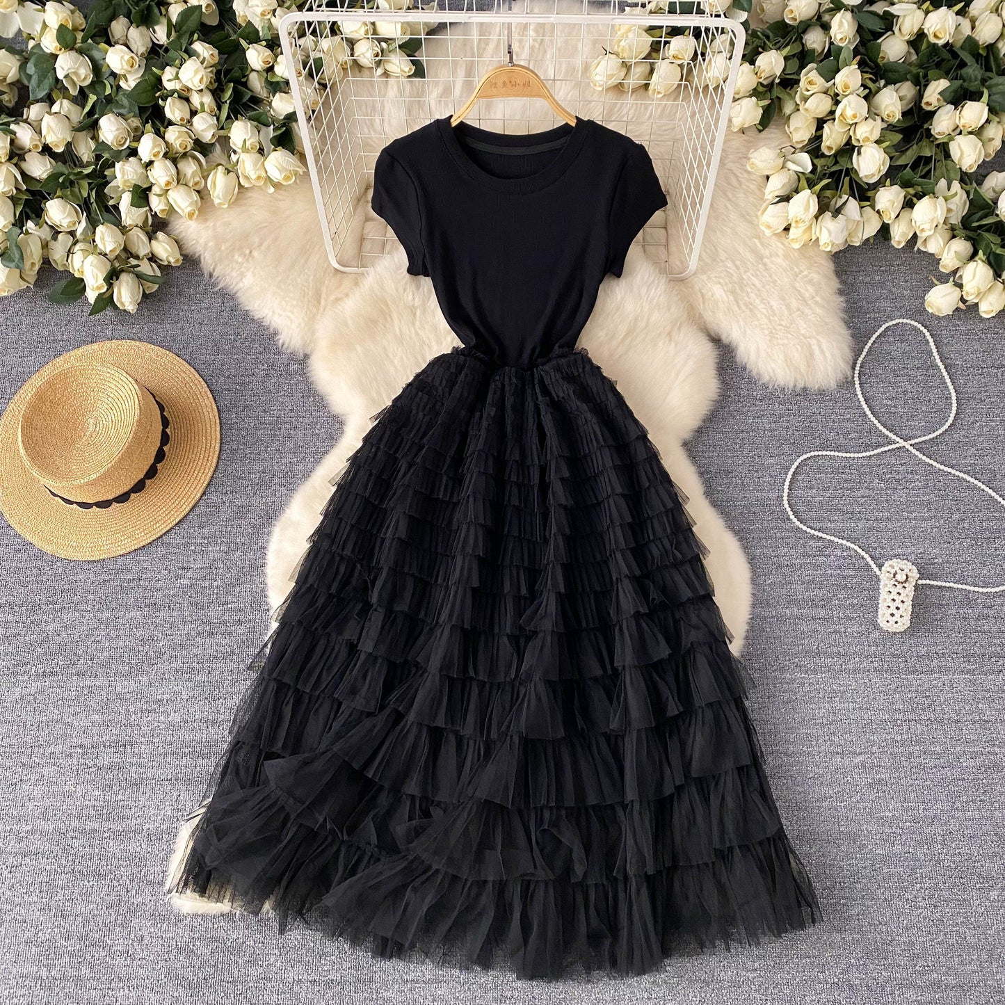 European and American style high-end dress mesh design waist slimming super fairy long skirt R2228