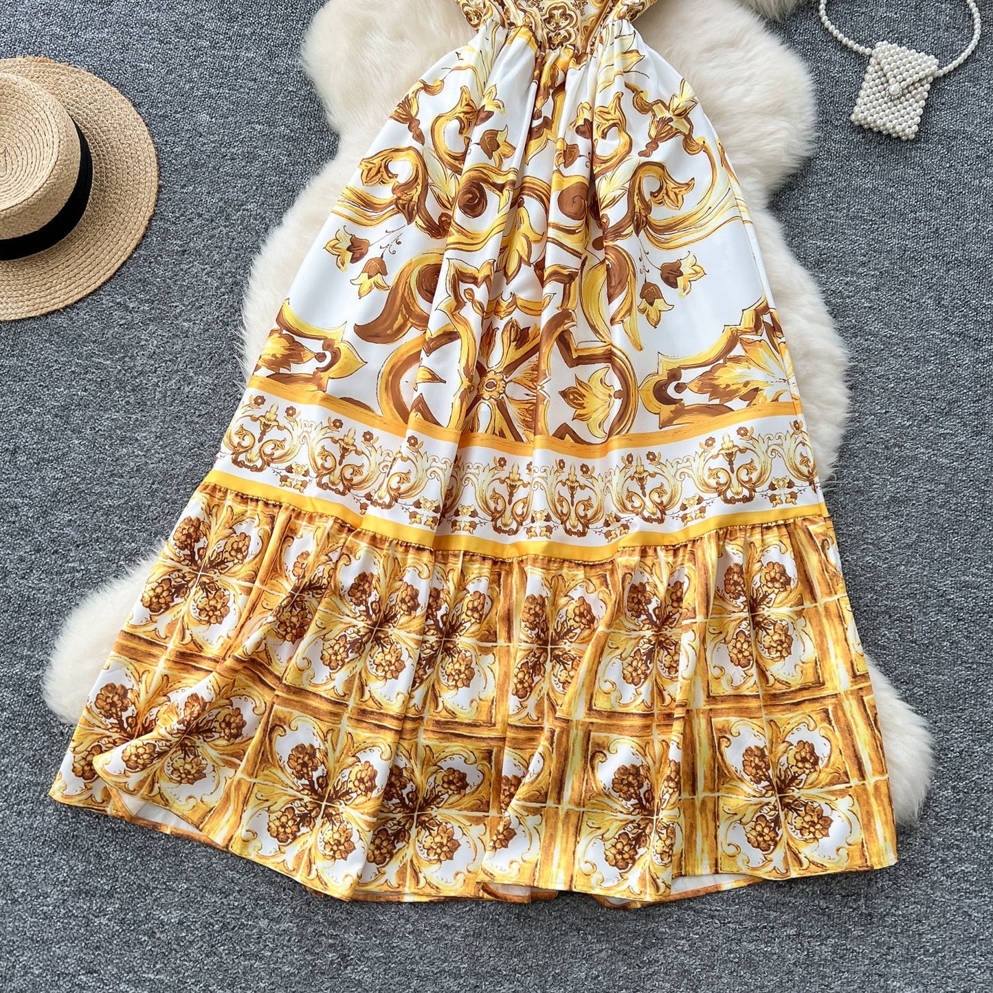 Ethnic style slim waist suspender dress with beautiful print A-line long skirt R2223