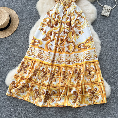 Ethnic style slim waist suspender dress with beautiful print A-line long skirt R2223
