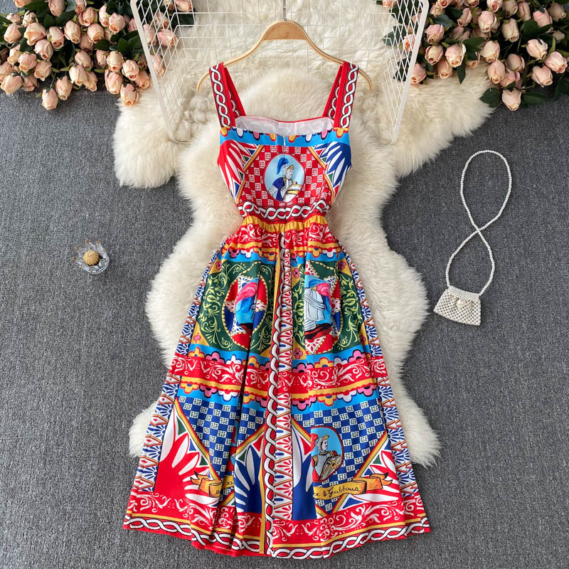 Vintage Straps Red Dress Summer Women Holiday Dress P218