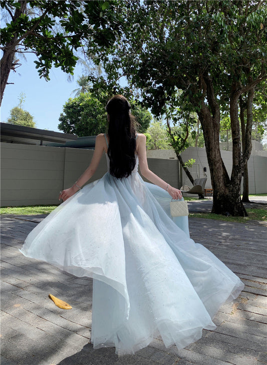 Blue V-neck suspender dress beautiful gentle temperament small skirt R0669