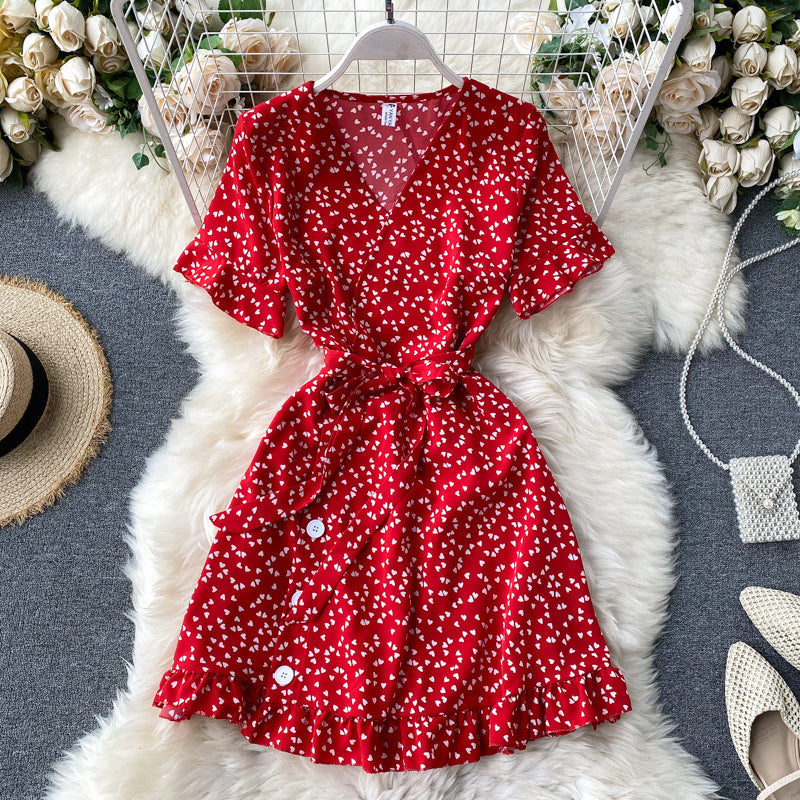 Dress 2025 new summer sweet love print trumpet sleeve tie waist short style R2166