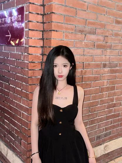 New Fashion Cinched Waist Design Black A-line Sleeveless Spaghetti Strap Dress TP3280