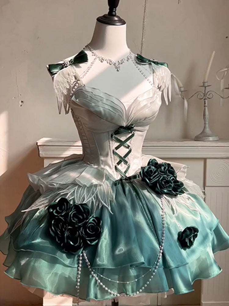 Elegant amber green short dress bride daughter birthday evening dress fluffy princess dress R1688