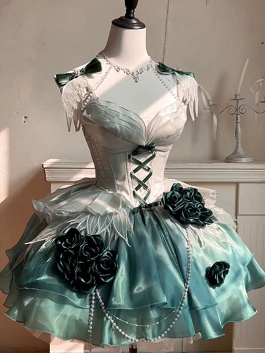 Elegant amber green short dress bride daughter birthday evening dress fluffy princess dress R1688