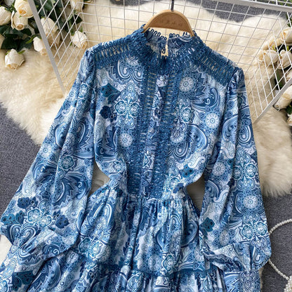 Vintage A line long sleeves floral dress women's dress P102