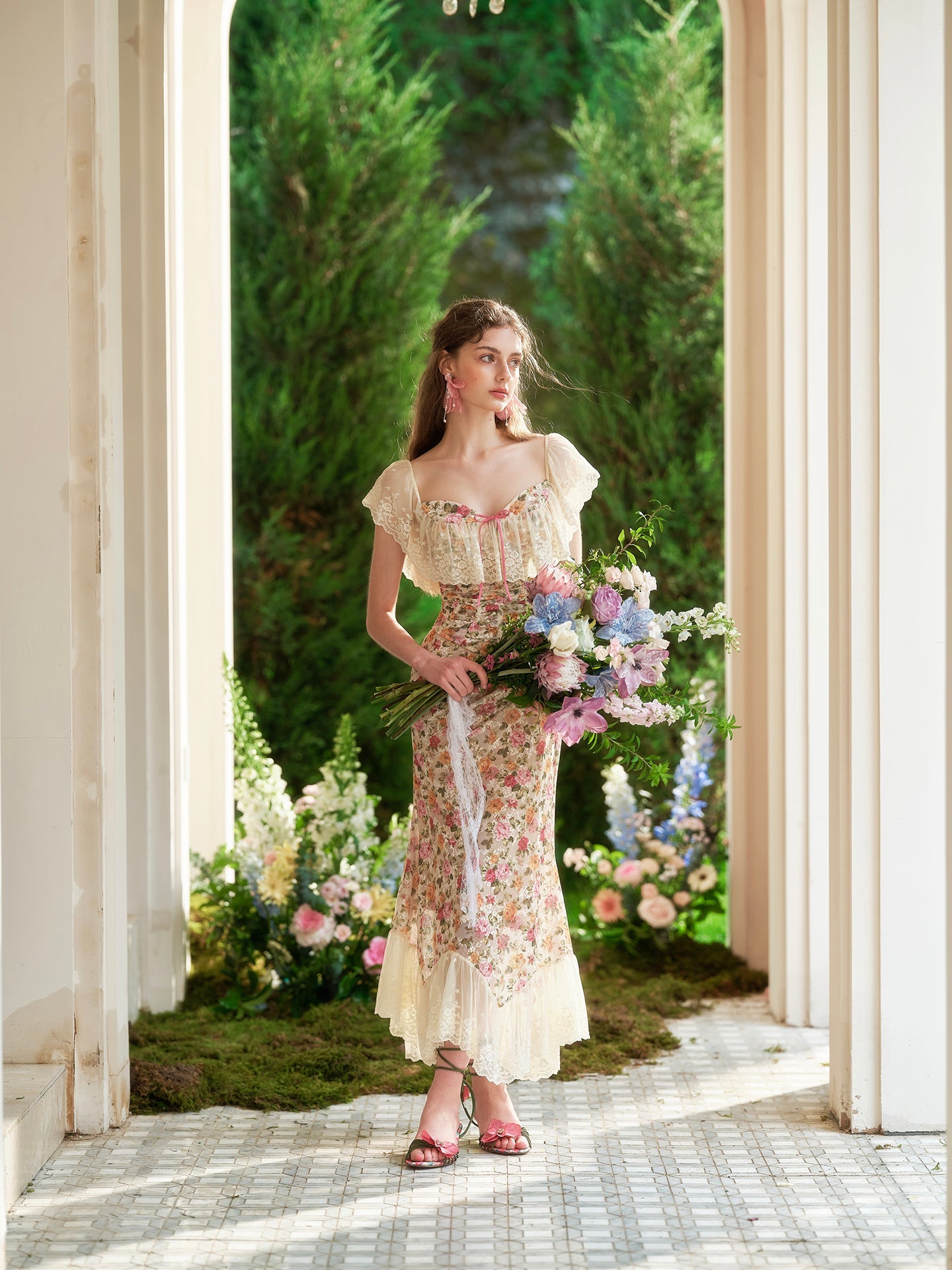 French romantic floral lace tube top fishbone top fishtail skirt suit homecoming dress R5121