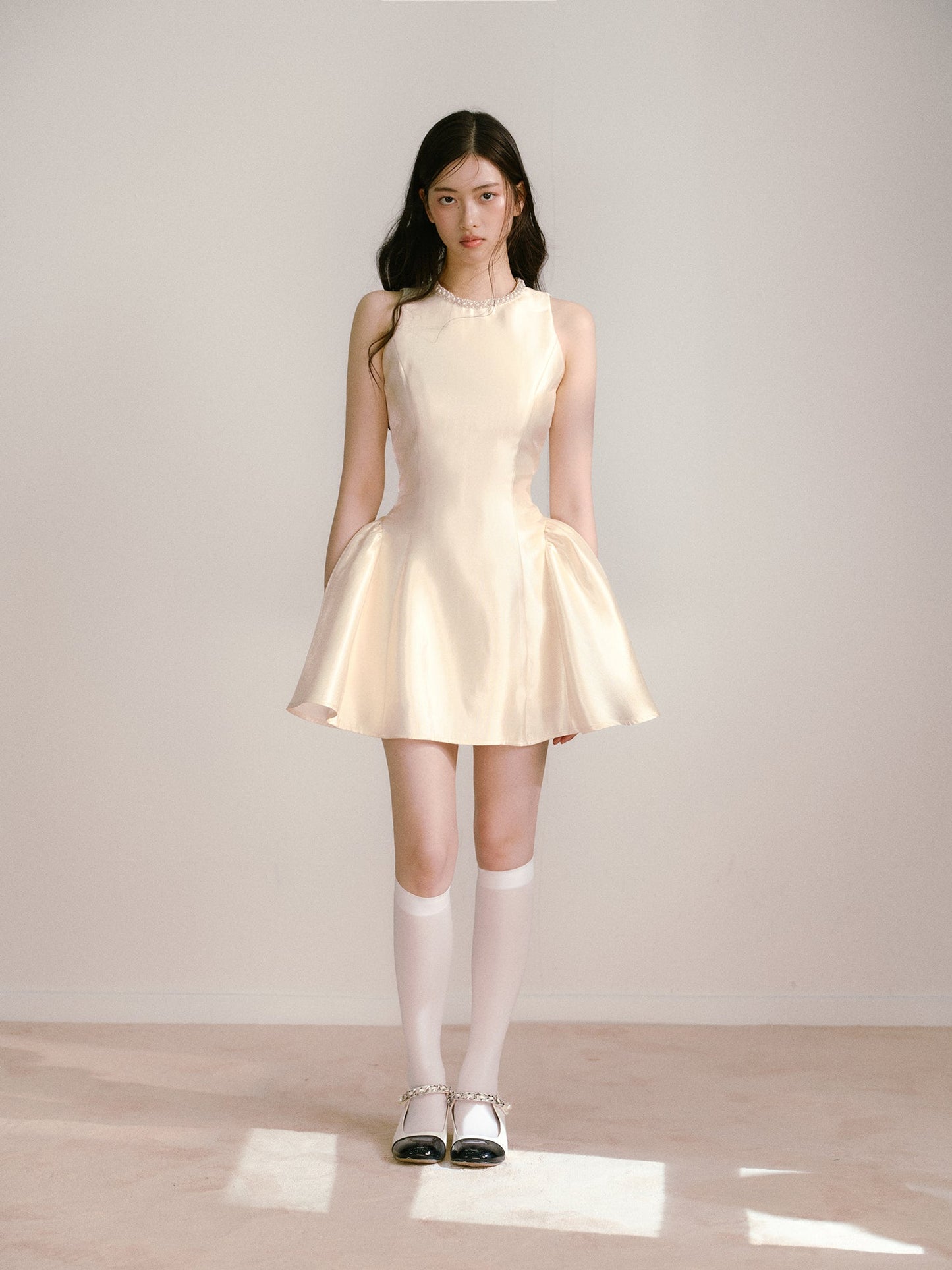 Beige glossy satin 3D handmade pearl princess skirt puffy dress R5133