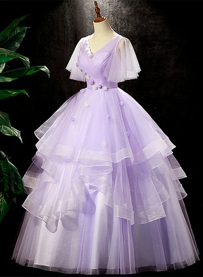 Lavender Tulle V-neckline Sweet 16 Dress with Flowers Formal Dress Prom Dress Elegant Wholesale