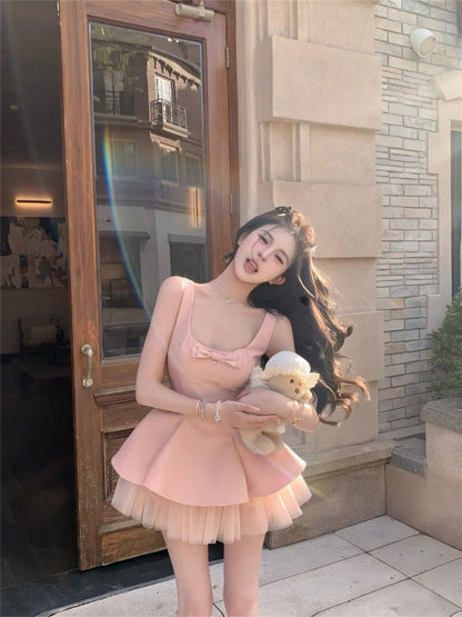 Sweet temperament square collar pink dress female summer new style puffy princess dress homecoming dress R3014