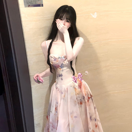 A rich girl's outfit with floral suspender dress, gentle temperament, waisted A-line long skirt R0489