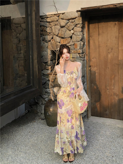 Beautiful floral fishtail suspender long dress slim hip dress R0628