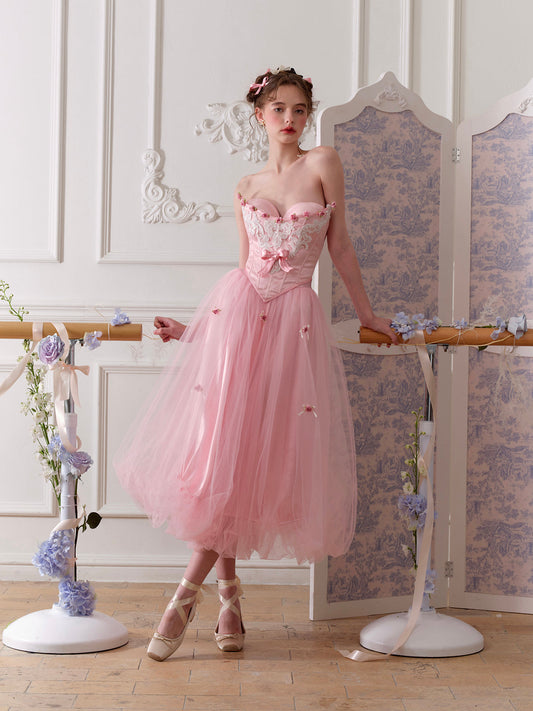 French Sweet Ballet Style Pink Fishbone Corset Mesh Skirt Set Homecoming Dress R5166