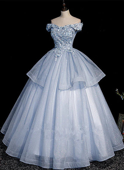 omberprom Light Blue Ball Gown Tulle with Lace Formal Dress Sweet 16 Dresses Off Shoulder Prom Dress