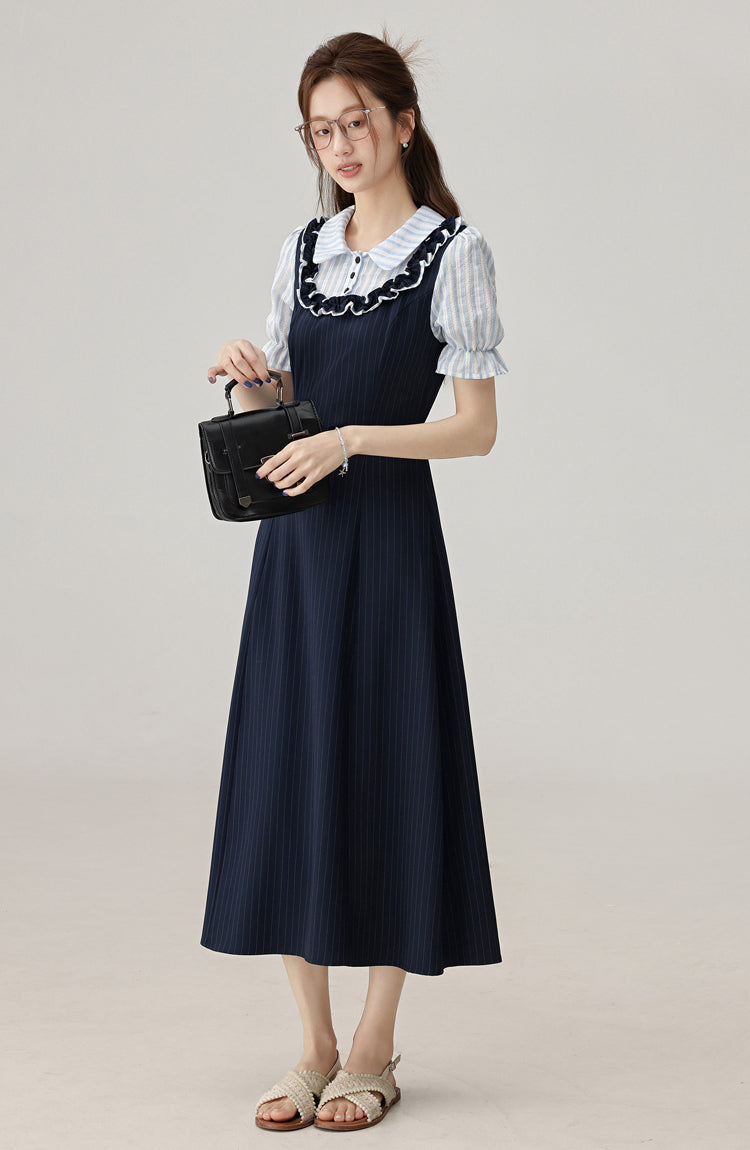 2025 Summer College Style Fake Two Piece Blue Dress Interview Dress R1956