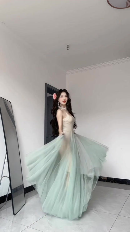 2025 new green mesh suspender dress beautiful waist temperament long skirt R0504