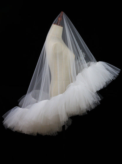 White Ruffles Tulle Wedding Veil Without Comb