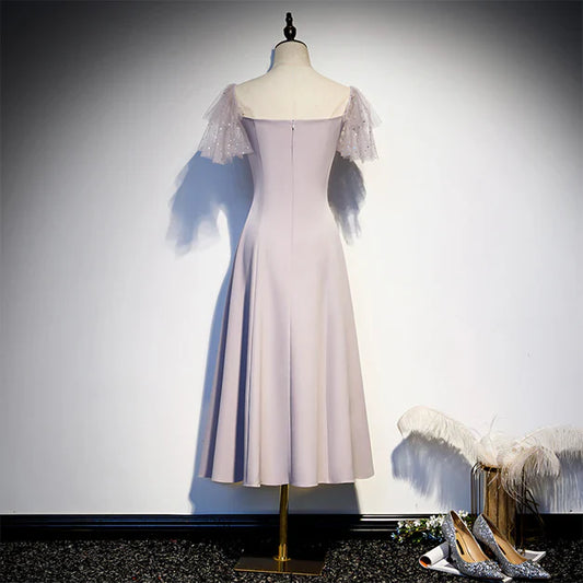 Cute Tea Length Off Shoulder Wedding Party Dress Short Sleeves Formal Dress Elegant Cocktail Dress Wholesale