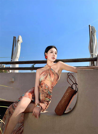 Beach dress for vacation, slim and sexy, backless, halter neck, high slit dress R1612