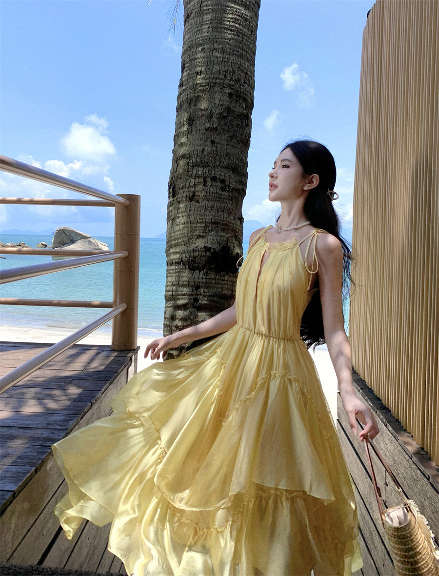 Beautiful yellow sling halter neck dress niche temperament fairy waist long skirt R0739