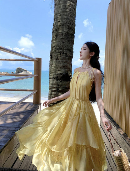Beautiful yellow sling halter neck dress niche temperament fairy waist long skirt R0739