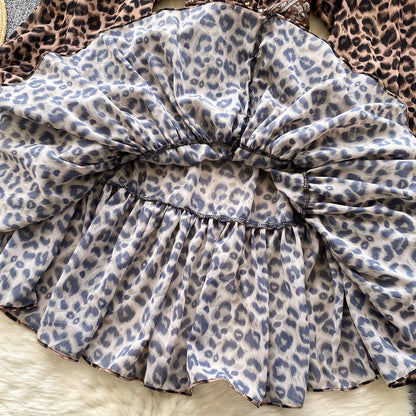 European and American niche dress with silk scarf and waist-hugging lantern sleeves A-line short skirt R2278
