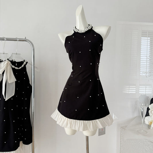 Bowknot black suspender dress 2025 loose and slim A-line skirt niche bottoming skirt R1986