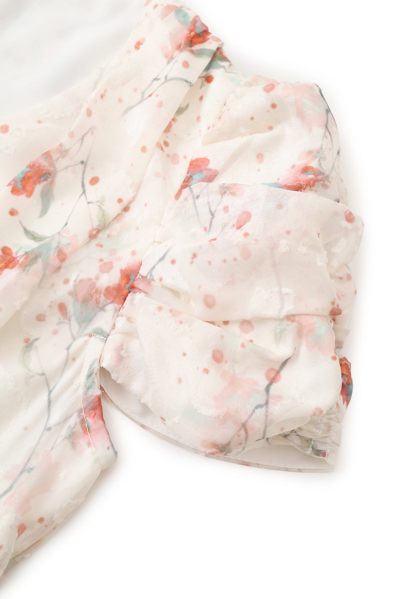 Begonia floral V-neck dress new French gentle puff sleeve temperament design long dress R0117