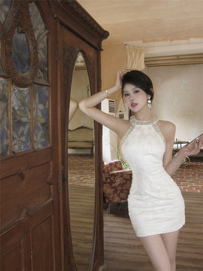 Birthday party small dress skirt high-end temperament heavy sequin halter neck dress R1768