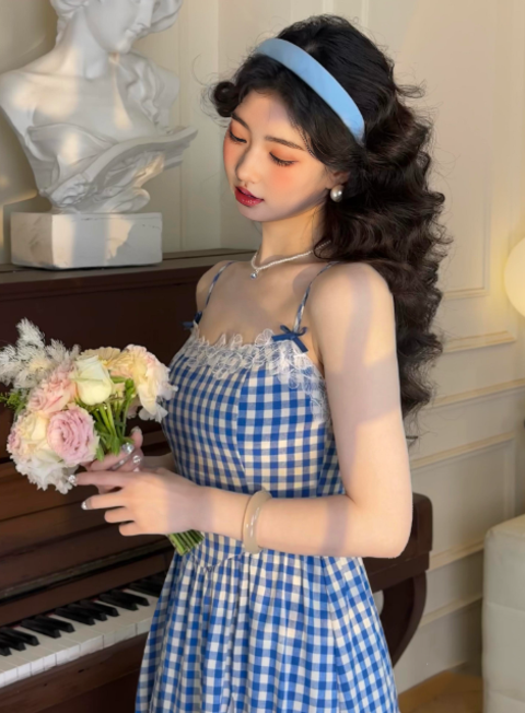 Blue plaid suspender dress beautiful unique waist temperament long skirt new style R0632