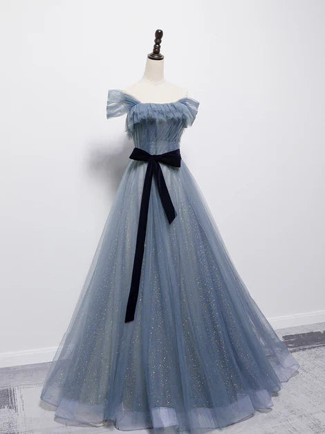 omberprom Grey-Blue Tulle Off Shoulder Long Party Dress with Bow A-line Floor Length Prom Dress Wholesale