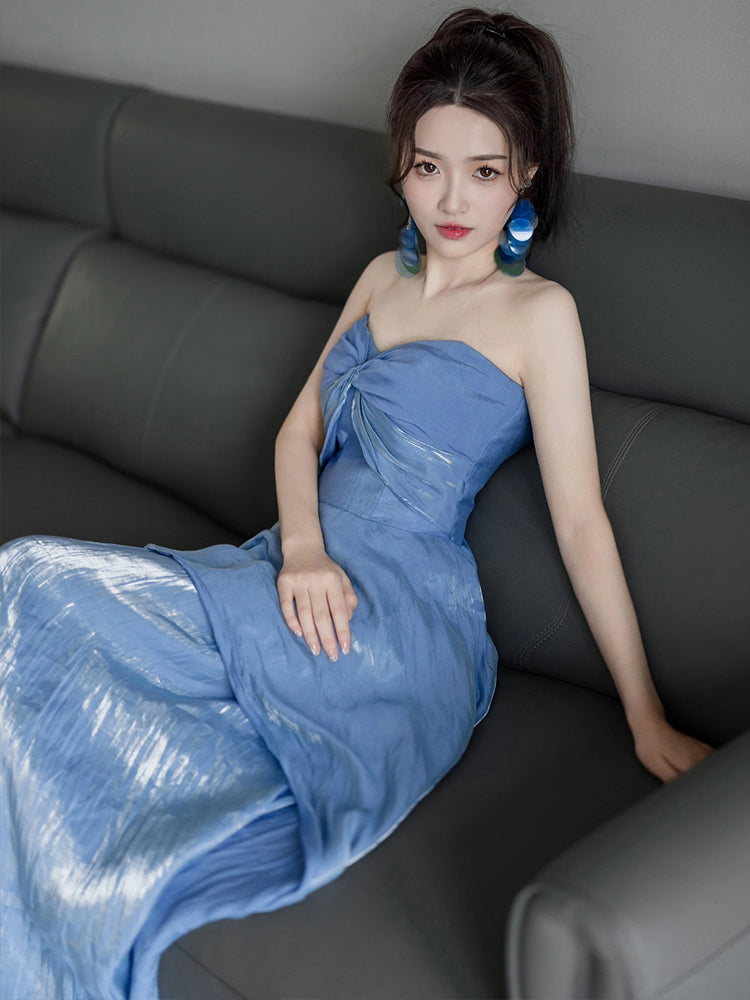 Dress blue wedding banquet high-end banquet temperament slim tube top dress R1624