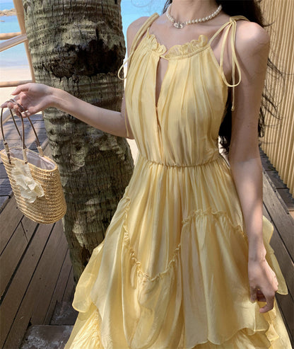 Beautiful yellow sling halter neck dress niche temperament fairy waist long skirt R0739