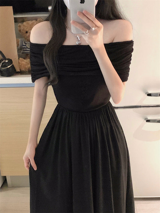Black one-shoulder dress 2025 new style high-end temperament off-shoulder waist long dress R0128