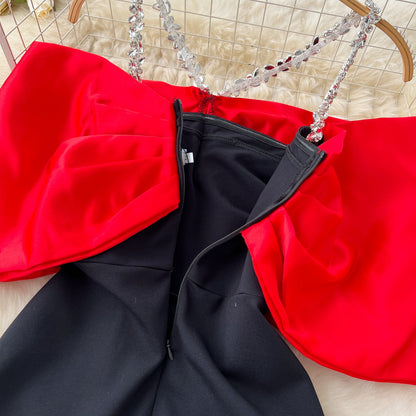 Evening dress high-end dress diamond-studded halter neck bow slim dress R2329