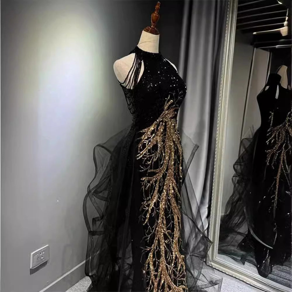 Sexy Mermaid Scoop Neckline Black Sequin Floor Length Prom Dresses P2401