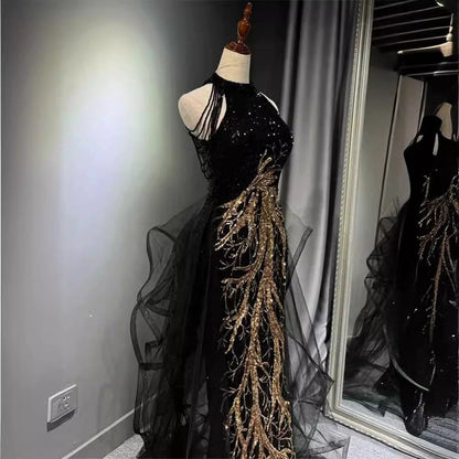 Sexy Mermaid Scoop Neckline Black Sequin Floor Length Prom Dresses P2401