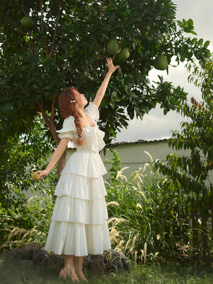French-style waist white long dress puff sleeve cake dress homecoming dress R5157