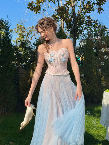 French sweet light spring pink blue tube top fishbone bra mesh skirt suit homecoming dress R5146
