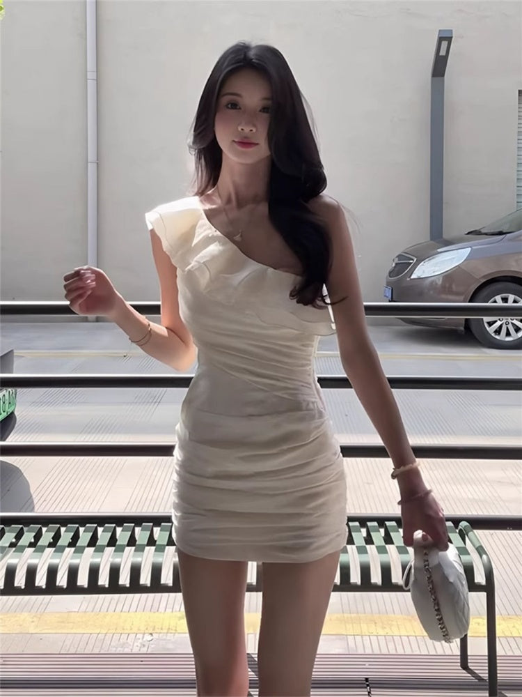 White ruffled dress women's summer slim fit hip skirt short skirt homecoming dress R3021