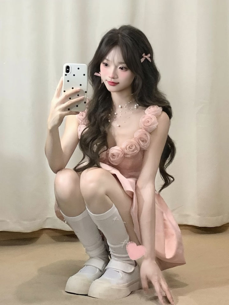 Cute pink suspender dress women's summer daughter heavy industry party dress flower bud skirt homecoming dress R3005